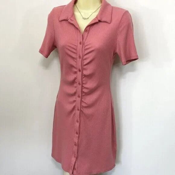 Reformation Dress “Lennon” Mini Ribbed Button Down Pink NWOT Sz Sm - Picture 1 of 6